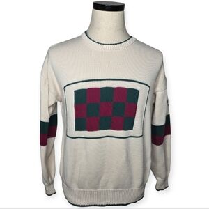 Vintage Aureus Cotton Knit Sweater Ivory Green Burgundy Check Stripe M